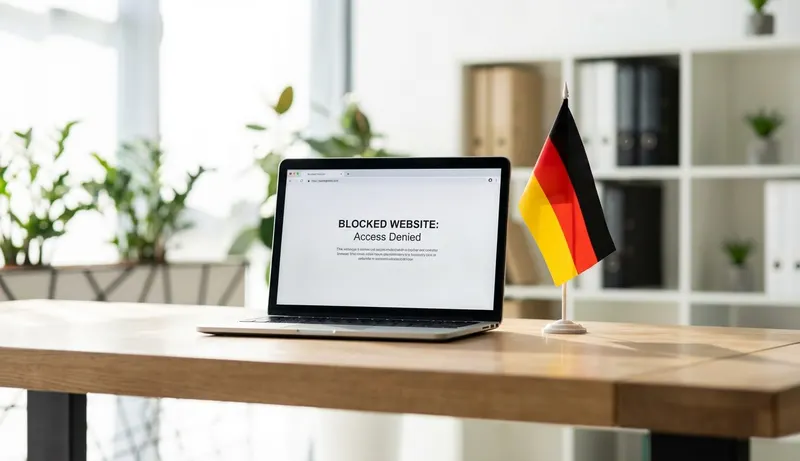 Tysk flag ved laptop med blokeret online casino - Stake Tyskland 2024