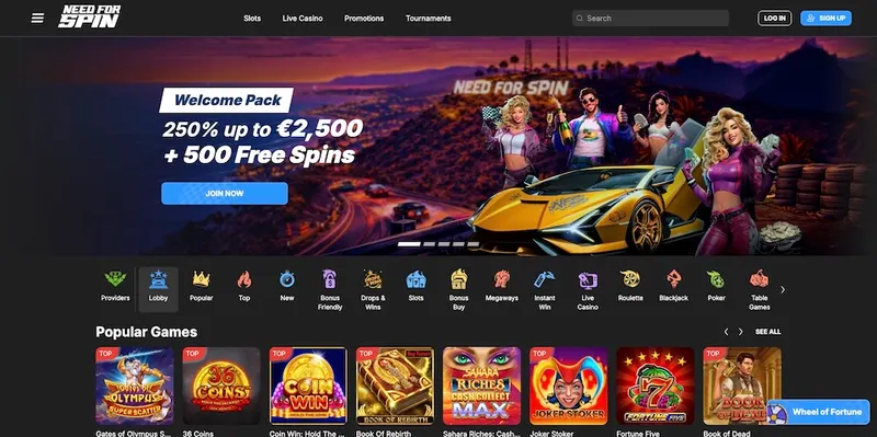 Need For Spin casino frontpage
