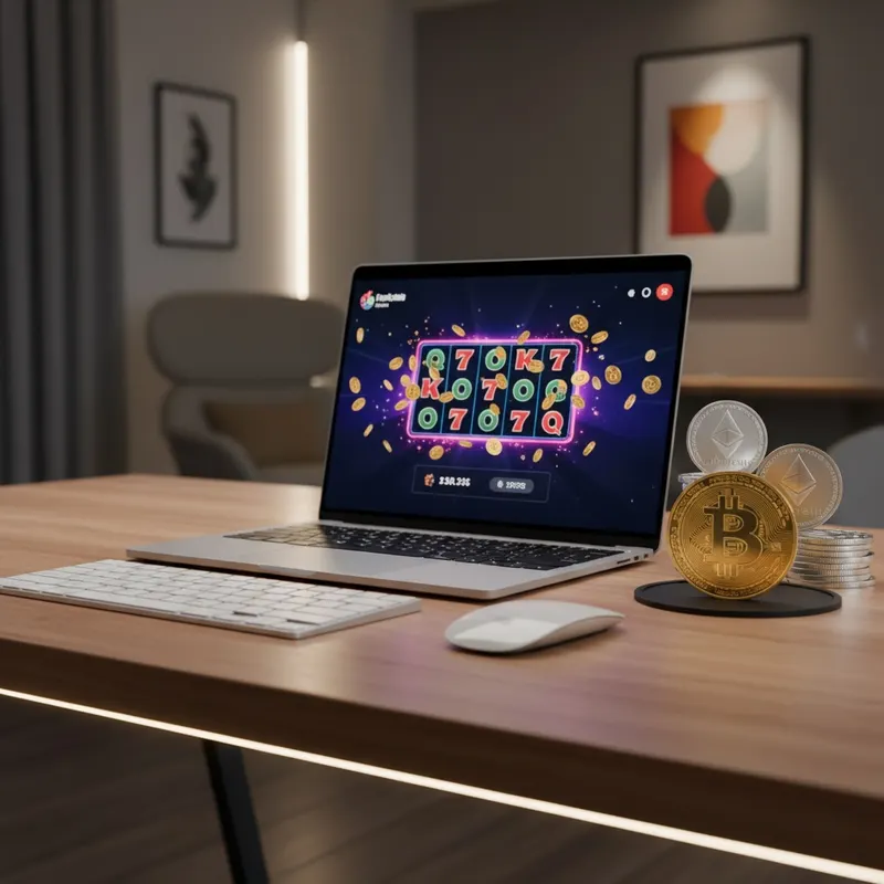 BlockSpins Casino Krypto-Casino Einrichtung mit Laptop und Bitcoin