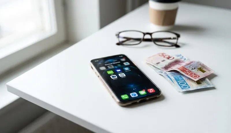 Smartphone med pengaappar bredvid svenska sedlar - tjäna pengar snabbt