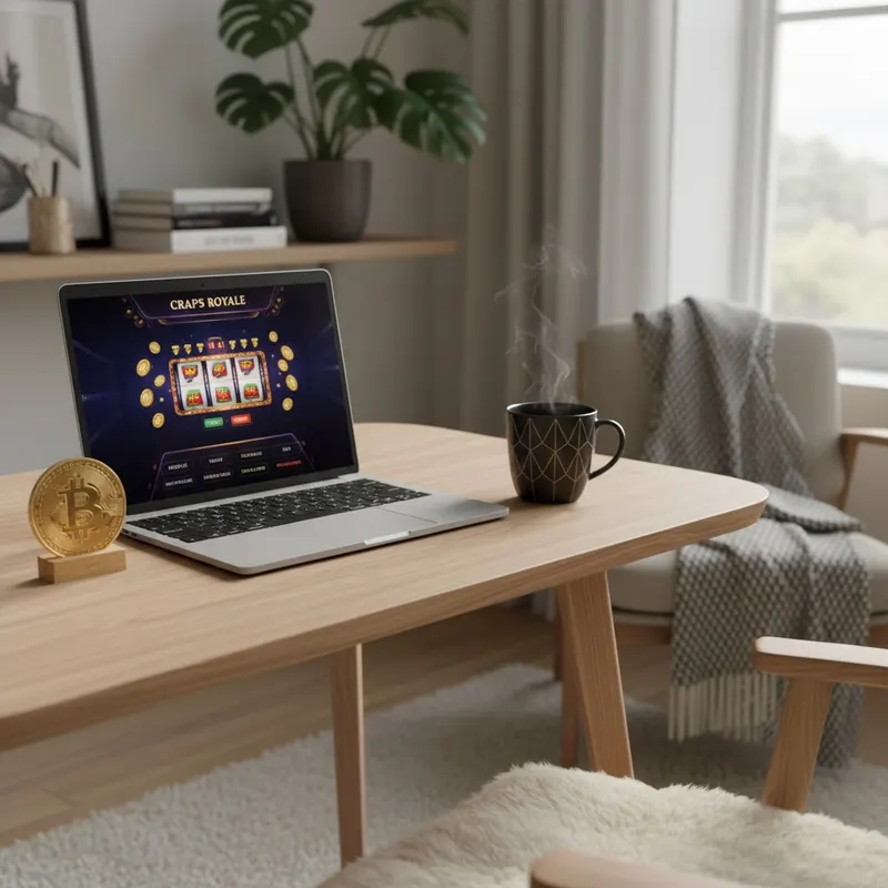 BlockSpins Casino hjemmekontor med bærbar PC og Bitcoin