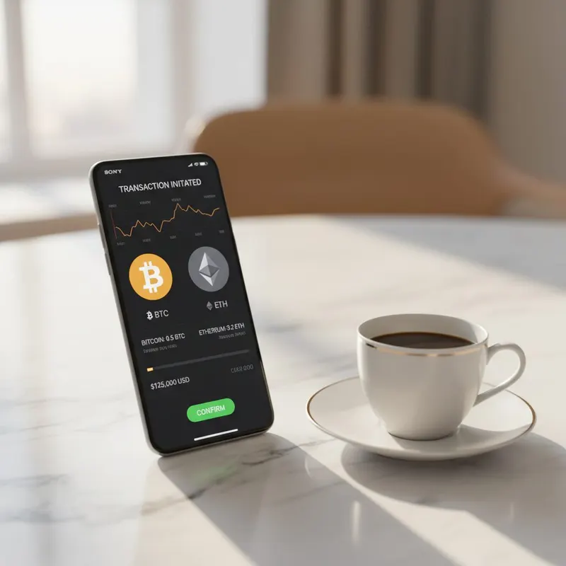 Smartphone met cryptocurrency transactie Bitcoin Ethereum op marmeren tafel