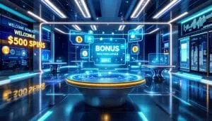 Illustration of a futuristic casino with a central bonus display
