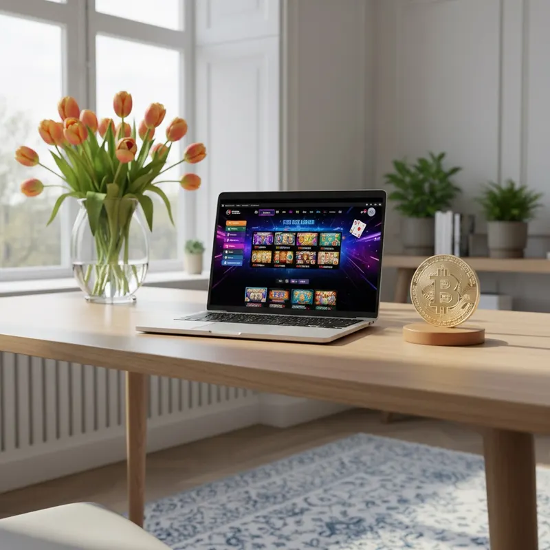 BlockSpins Casino review - moderne bureau met laptop en cryptocurrency