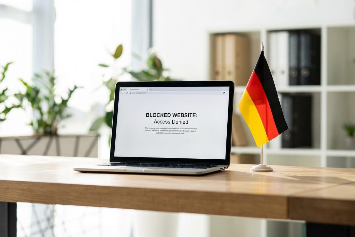 Tysk flag ved laptop med blokeret online casino - Stake Tyskland 2024