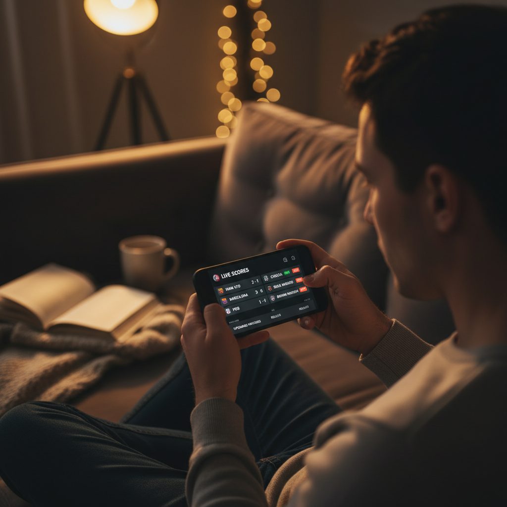 Person checking live football match scores on smartphone app