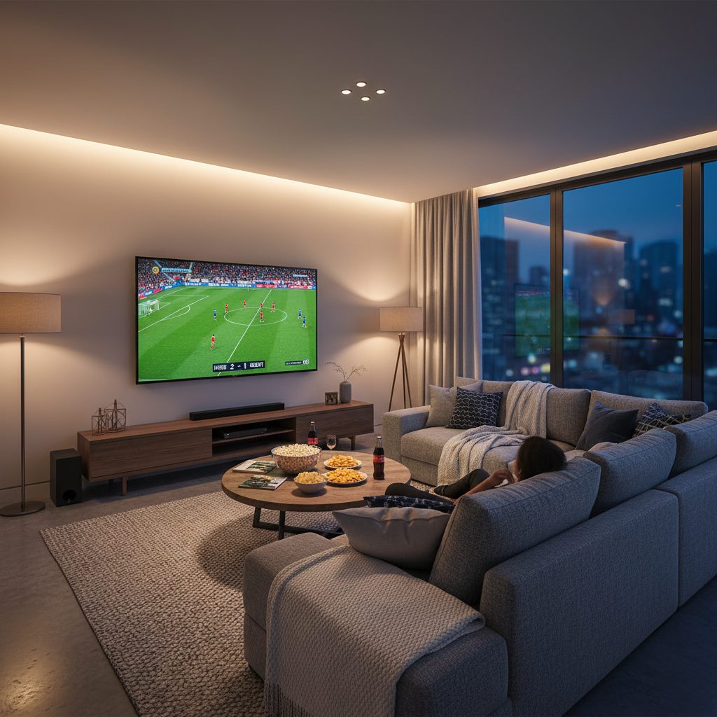 Living room with TV showing live football match broadcast