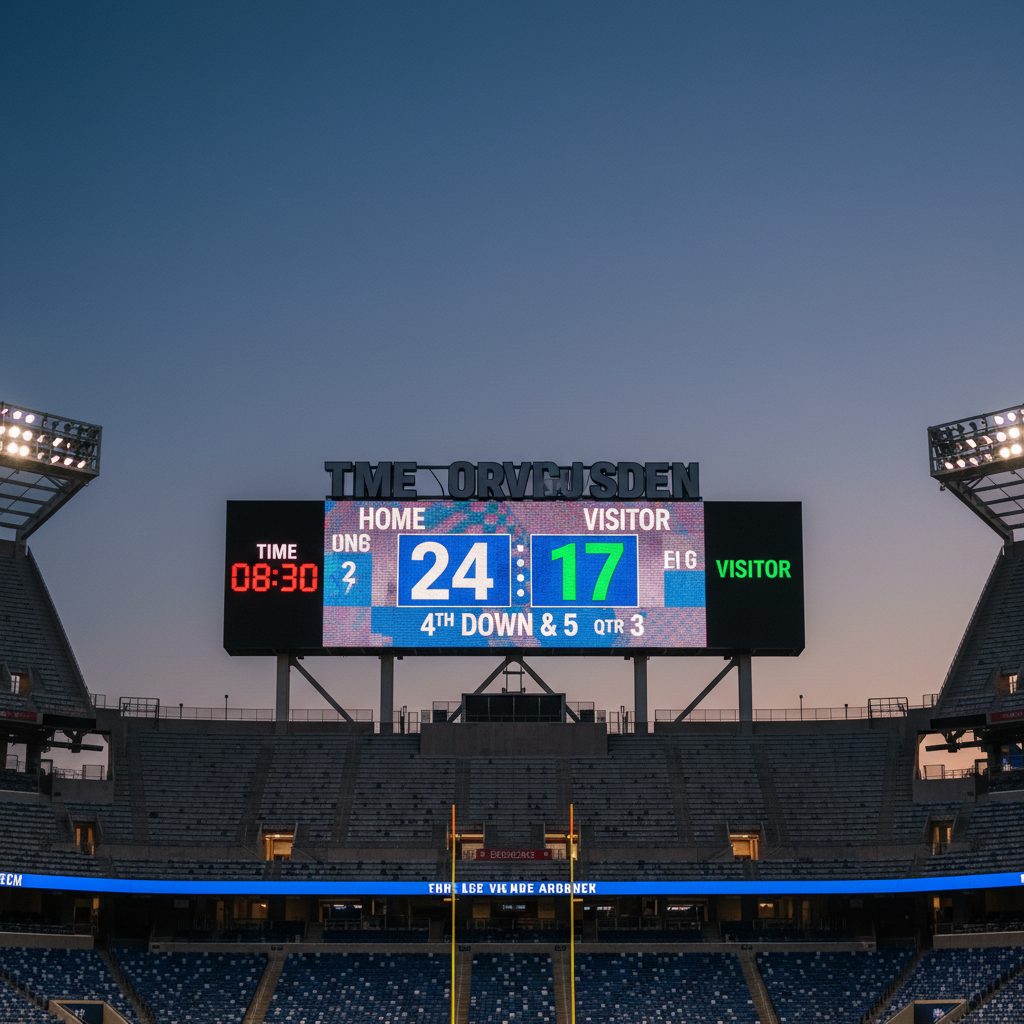 Electronic stadium scoreboard displaying match time and score