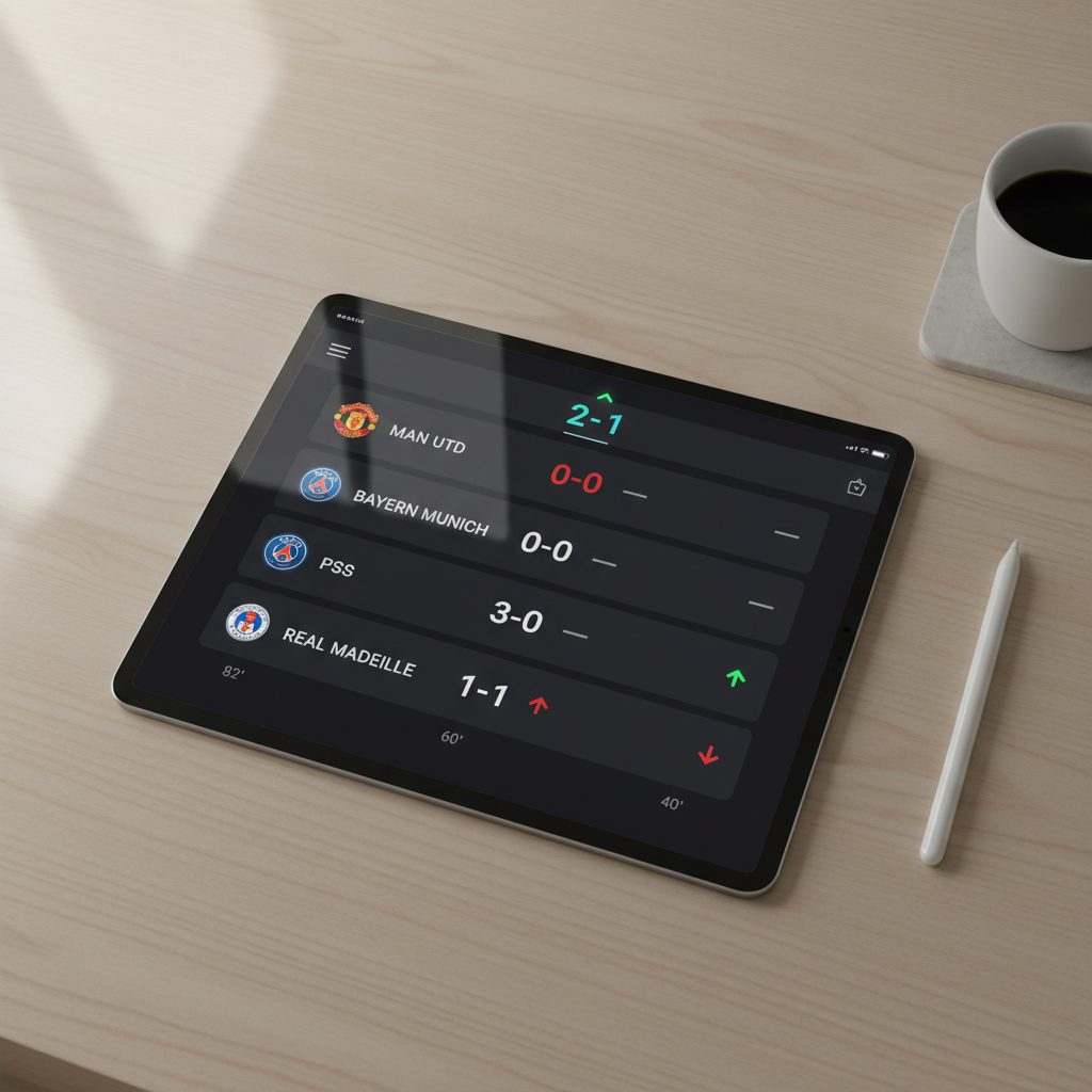 Tablet showing live football scores with multiple matches