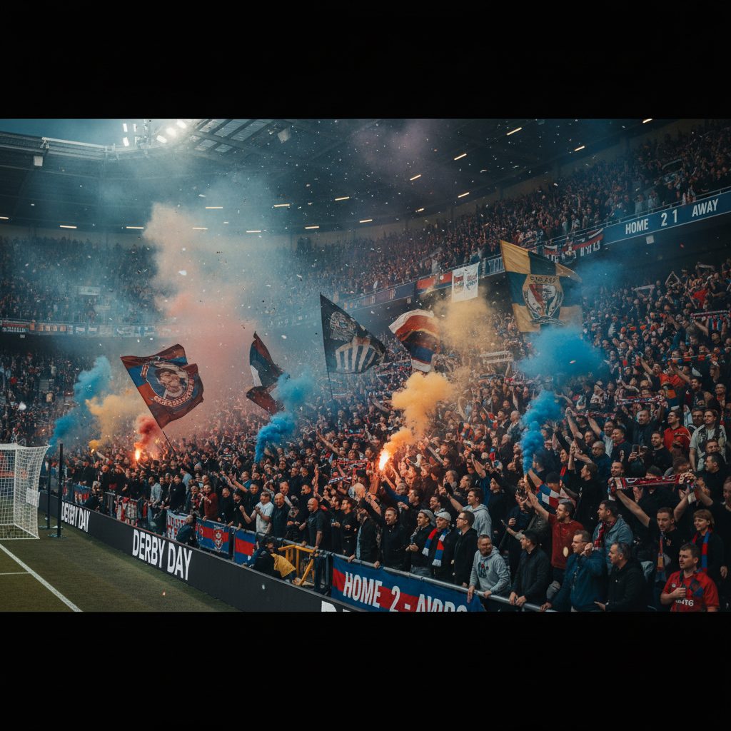 Passionate football fans at derby match waving scarves