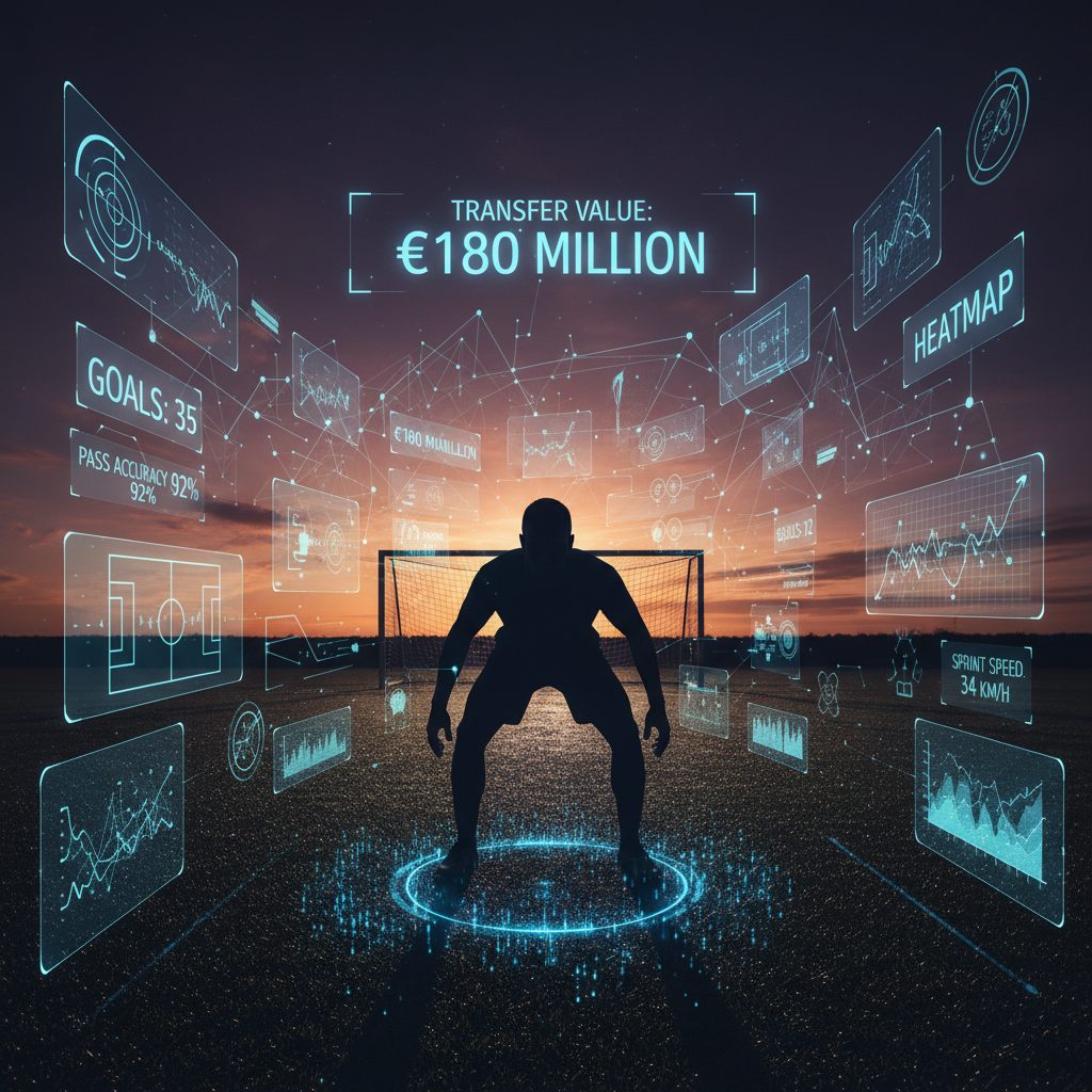 Football player silhouette with analytics data overlay for transfer market
