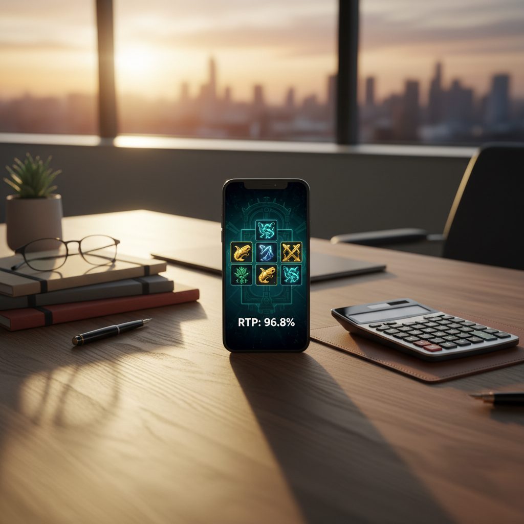 Smartphone met online casino app en RTP percentage zichtbaar op scherm