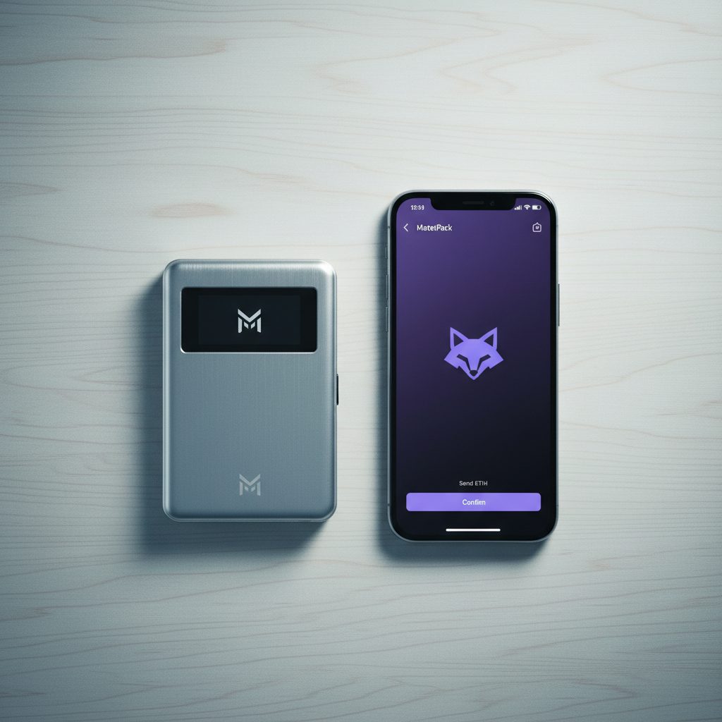 Hardware wallet och MetaMask app för säker förvaring av Ethereum