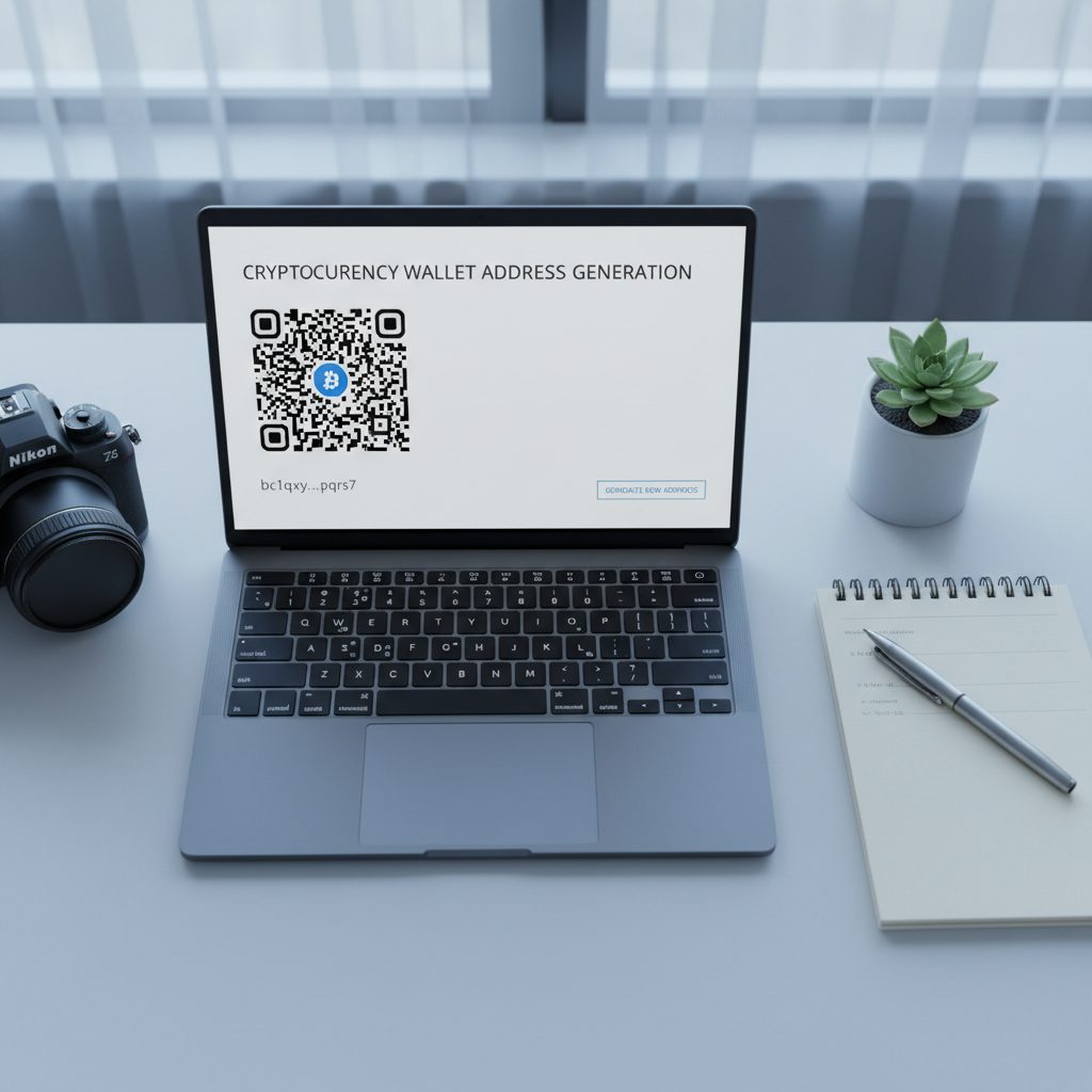 Laptop scherm met crypto wallet adres en QR code voor storting