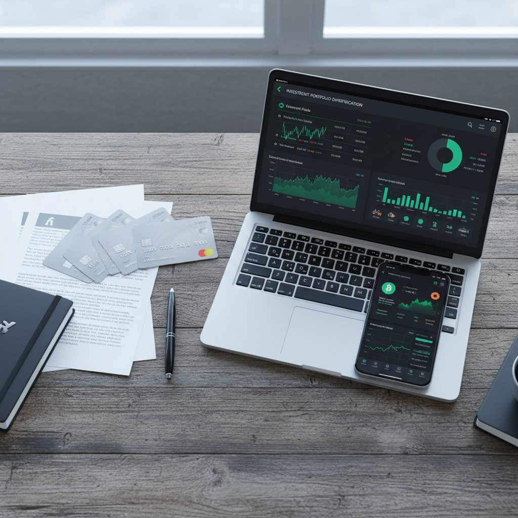 Kreditkort og smartphone med crypto app ved siden af laptop med sammenligningsgraf