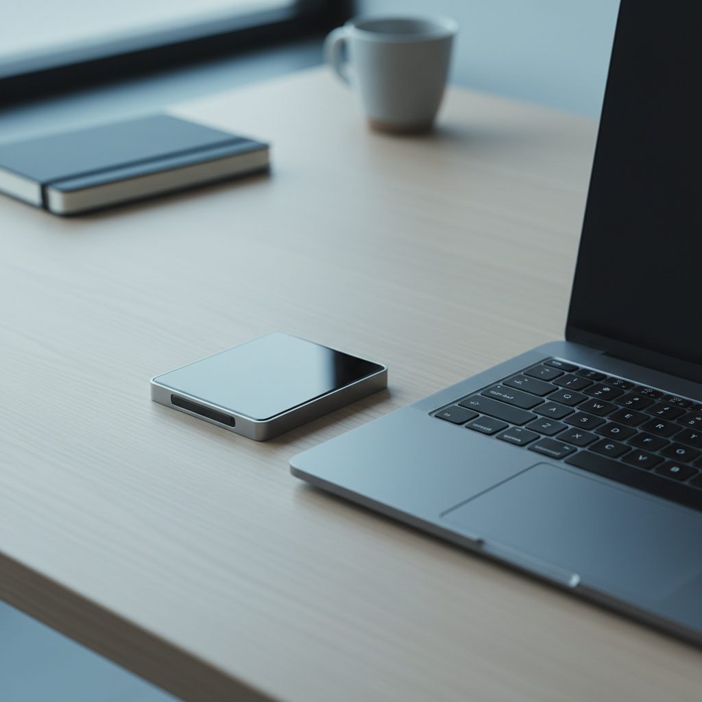 Hårdvaruplånbok för kryptovaluta bredvid laptop på kontorsskrivbord