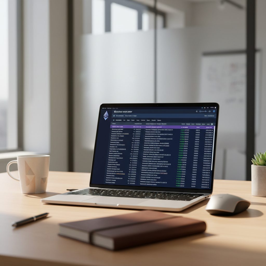 Blockchain transaktioner och Ethereum teknologi på laptop skärm