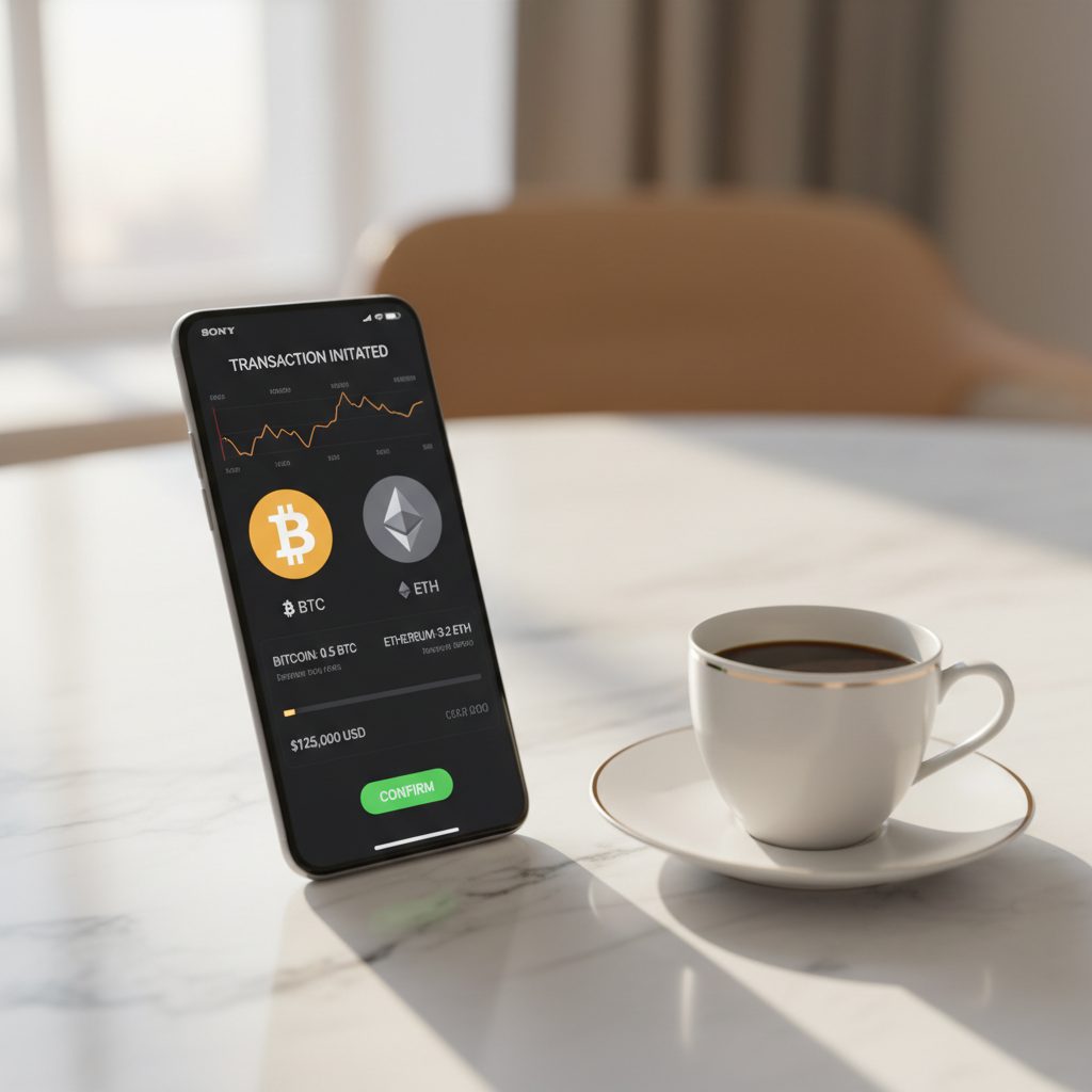 Smartphone met cryptocurrency transactie Bitcoin Ethereum op marmeren tafel