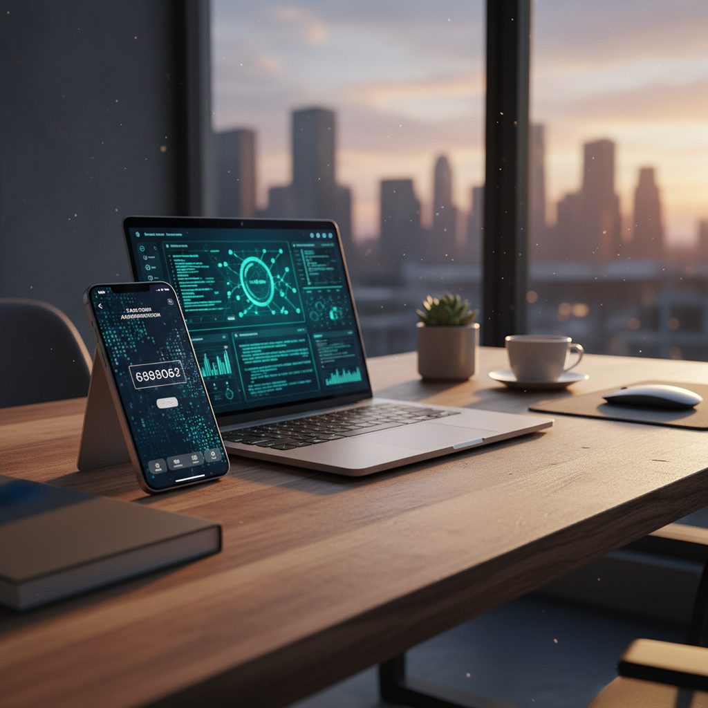 Smartphone med tofaktor-autentificering app ved siden af laptop med sikkerhedsdashboard