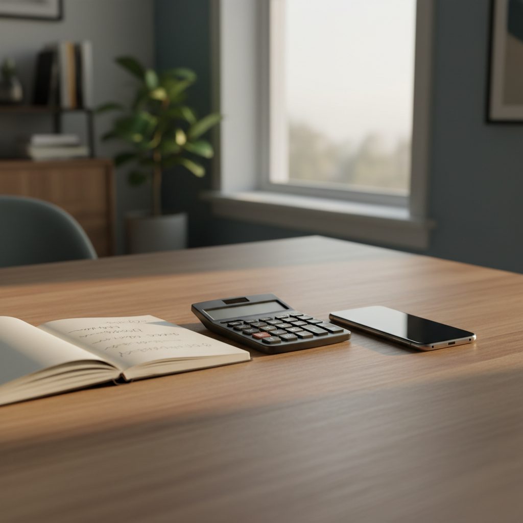Miniräknare och anteckningsbok med budget på träbord bredvid smartphone
