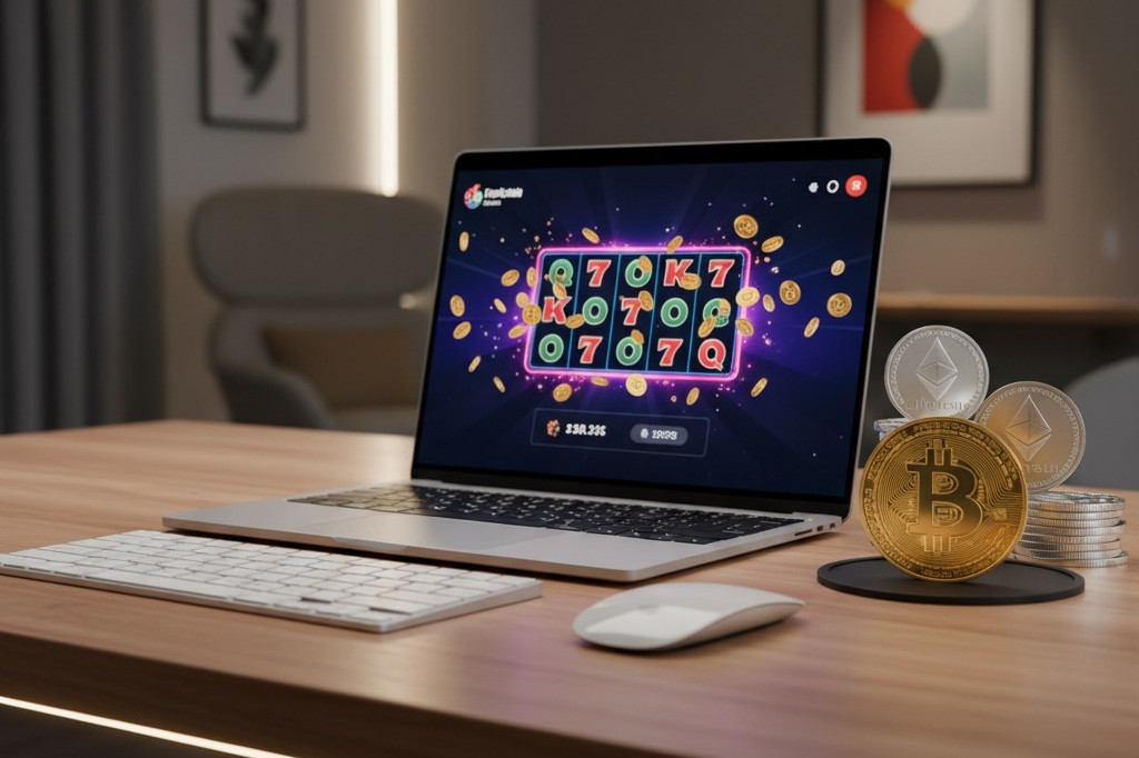 BlockSpins Casino Krypto-Casino Einrichtung mit Laptop und Bitcoin