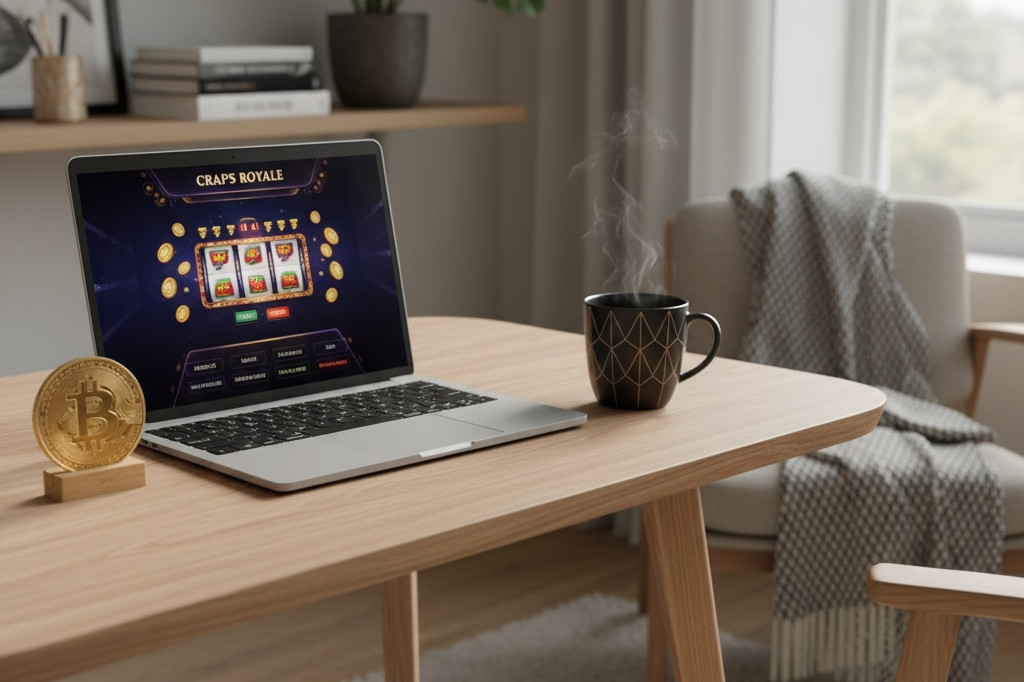 BlockSpins Casino hjemmekontor med bærbar PC og Bitcoin