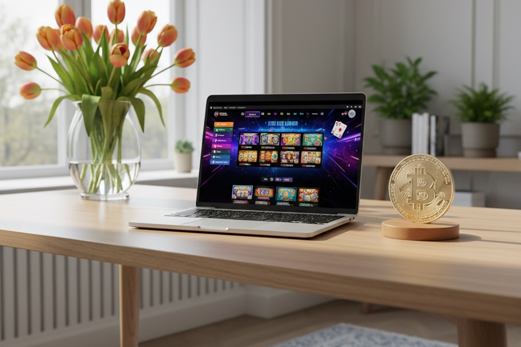 BlockSpins Casino review - moderne bureau met laptop en cryptocurrency